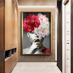 Red and White flower head woman wall art, Roses and woman print frame painting, picture of woman with flowers, ready to hang canvas painting