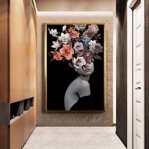 Flower head woman wall decor, Colorful flower head woman painting, picture of woman with flowers, ready to hang canvas painting