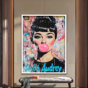 Audrey Hepburn graffiti Gum Portrait, Vintage Women&#39;s Fashion Wall Art, Classic Hollywood Artwork, Street Art Audrey Hepburn, Modern Art