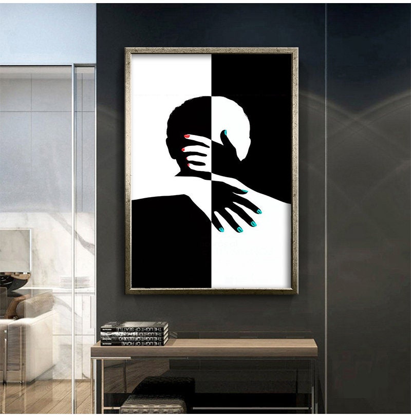 Kissing Couple Painting, Black and White Design Loving Couple Canvas