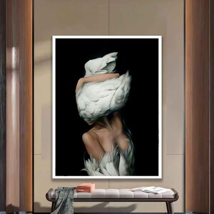 Modern woman painting, Woman painting with bird feather design canvas print, Ready to hang wall decoration, Gift canvas painting