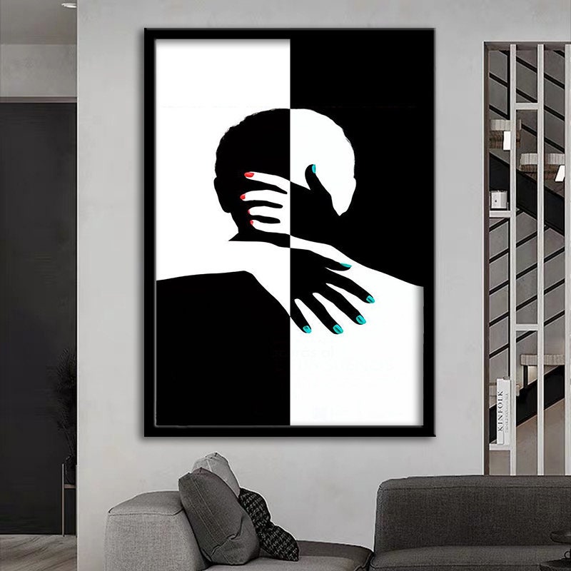 Kissing Couple Painting, Black and White Design Loving Couple Canvas