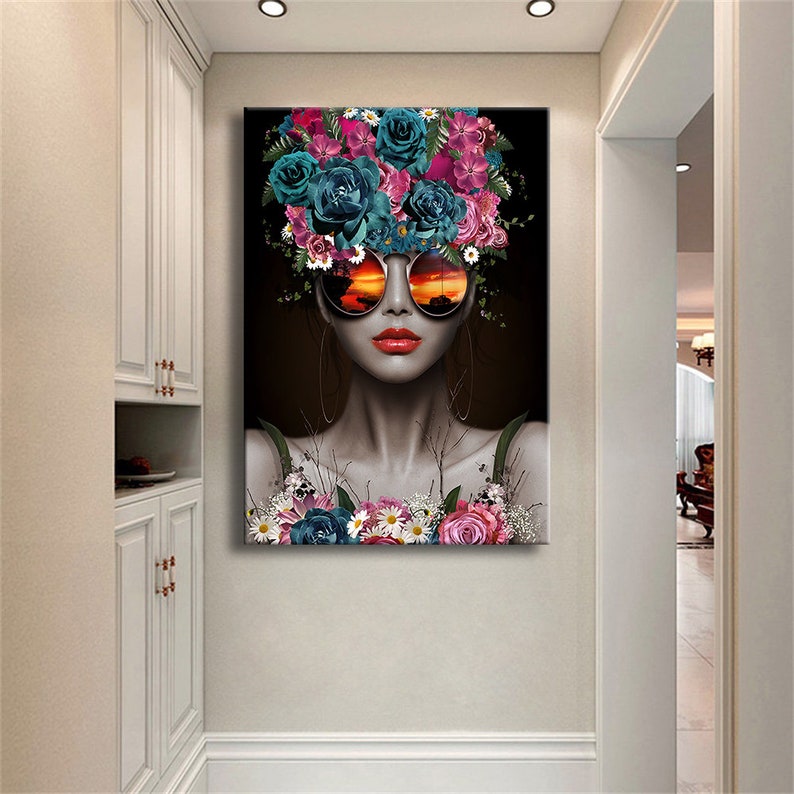 Modernes Design Wanddekor einer Frau mit Blumenkopf Brille, Leinwand