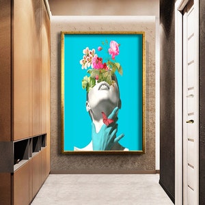 Flower head woman surreal wall decor, Colorful flower head woman painting, picture of woman with flowers, ready to hang canvas painting