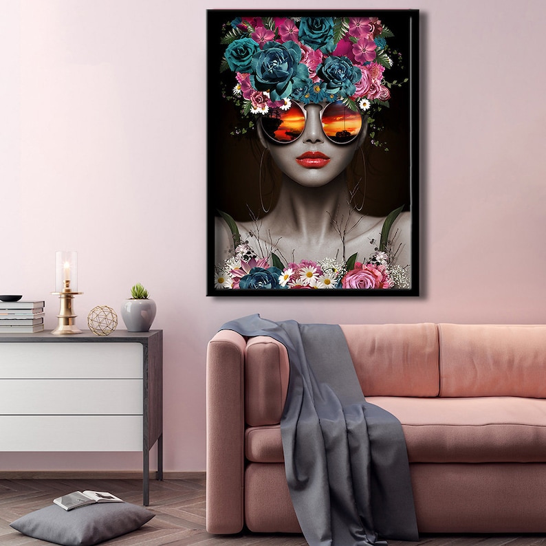 Modernes Design Wanddekor einer Frau mit Blumenkopf Brille, Leinwand