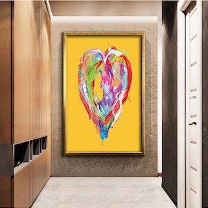 Colorful paints rainbow design heart, valentine&#39;s day gift, ready to hang canvas painting. home decoration, new home gift, Heart wall art,
