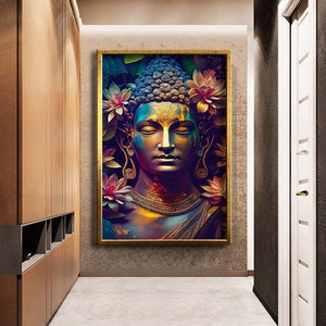 Colorful design flower buddha statue canvas print wall painting, wall art canvas , ready to hang canvas painting, canvas gift, Buddha canvas