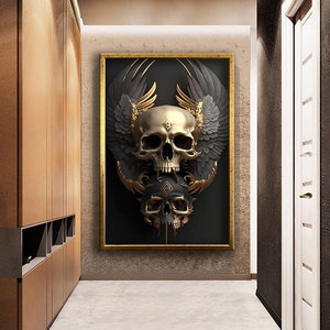 Gold schwarz Schädel Original Design Leinwand Druck Wanddekor, Leinwand Kunst, Leinwand Geschenk, Leinwand Druck, fertig zum Aufhängen