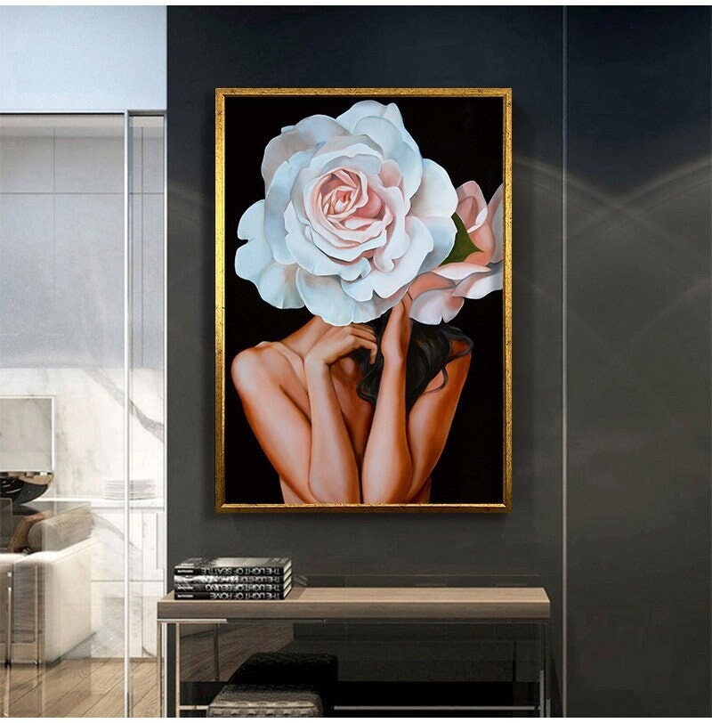 Woman wall art canvas, Woman with white flower head wall painting, Roses and woman canvas painting, Woman with flowers painting