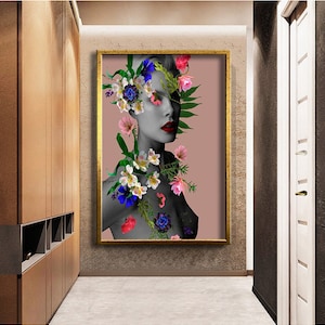 Flower head woman surreal wall decor, Colorful flower head woman painting, picture of woman with flowers, ready to hang canvas painting