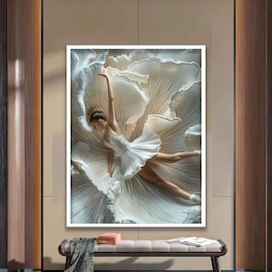 Elegante ballerina vrouw canvas print wanddecor, danseres schilderij, modern en nobel canvas, danseres vrouw in witte jurk, moderne kunst