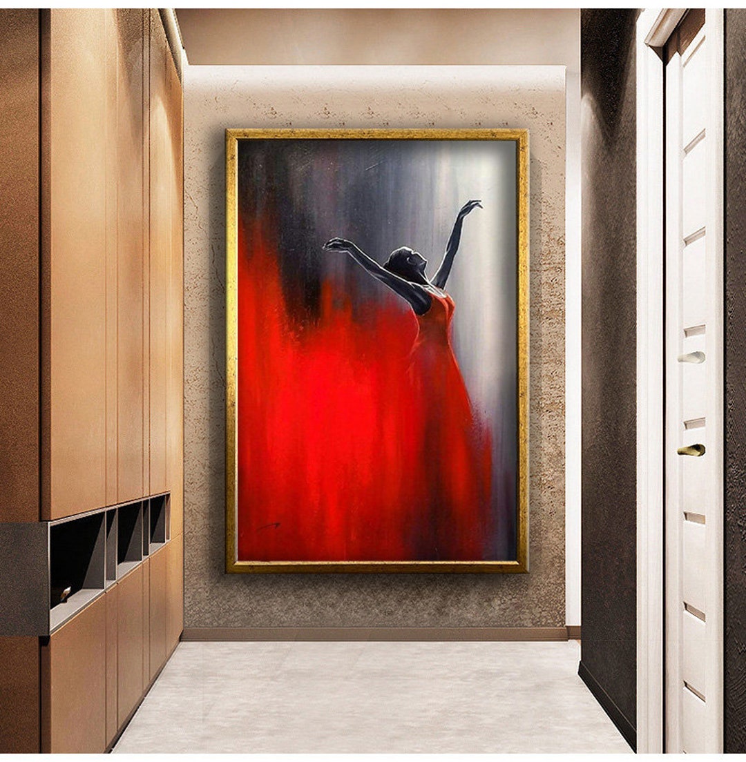Woman Dancing in Red Dress Canvas Print Wall Painting, Abstract Art