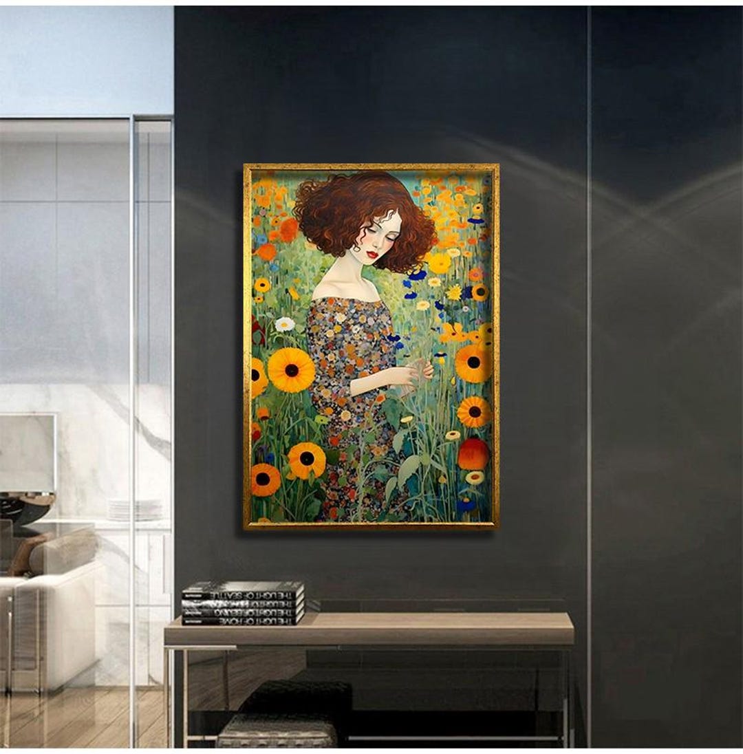 Gustav Klimt Style Woman in Flower Garden Canvas, Bohemian Floral ...