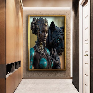 Black woman and black panther canvas print wall decor, wall art canvas, ready to hang canvas painting, canvas gift, canvas print, wall decor