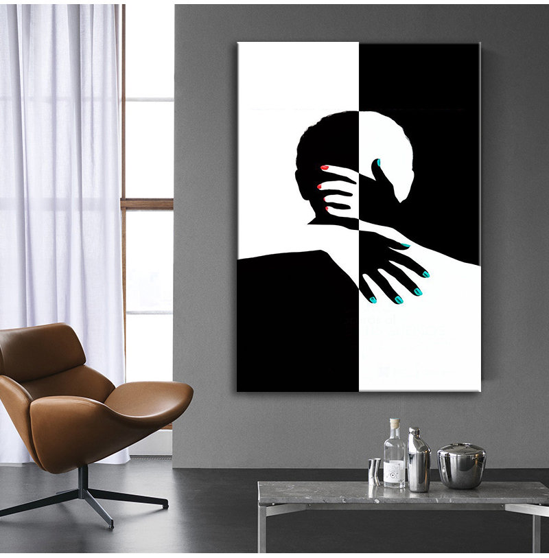 Kissing Couple Painting, Black and White Design Loving Couple Canvas