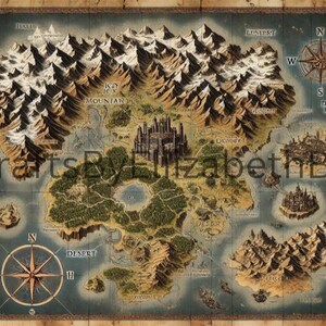 Pode incluir: Um mapa detalhado desenhado à mão de um mundo de fantasia com uma grande ilha central cercada por ilhas menores. O mapa apresenta montanhas, florestas, rios e lagos. A ilha é rotulada como "Sky Mountain" e as ilhas circundantes são rotuladas como "Dosinet", "Din-Lob", "Dome Loft", "Cainags" e "Desert".