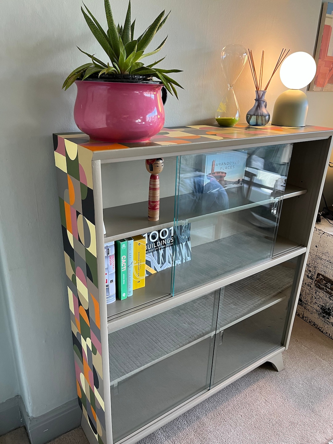 Mid Century Modern Bookcase, Solid Wood, Artist Hand Painted Unique Top