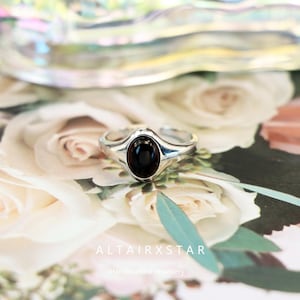 925 Sterling Silver Vintage Black Agate Ring, Open Finger Ring