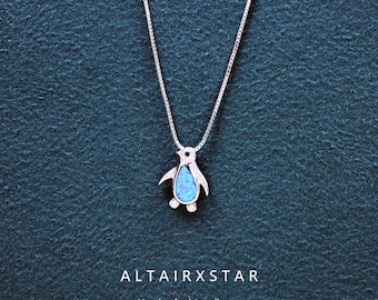 Opal Necklace, Sterling Silver Penguin Necklace, Blue Opal Pendant Necklace