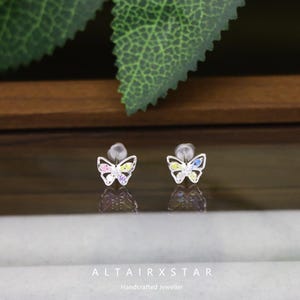 S925 Sterling Silver Butterfly Stud Earrings, Sweet Pink and Blue Butterfly Stud Earrings