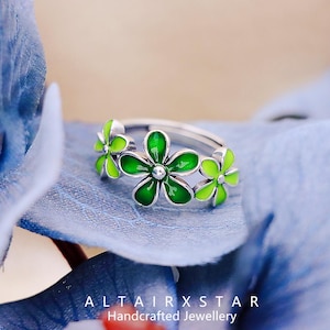 S925 Sterling Silver Resin Green Flower Creative Open Ring, Woodland and Countryside Style