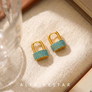 Turquoise U Lock Earrings Copper Huggie Blue Stone Modern Geometric Gift