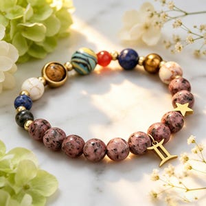 Gemini Zodiac Solar System Crystal Bead Bracelet, Natural Stone 8mm Beaded Wristband, 18.5-19cm, Curiosity & Versatility Astrology Jewelry