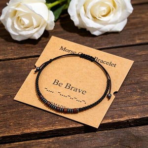 Bransoletka z alfabetem Morse'a Be Brave, regulowana bransoletka z drewna i hematytu, 4 mm koralikowa bransoletka Brave, prezent odwagi dla niego i dla niej, 15-26 cm