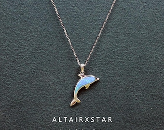 Blue Opal Sterling Silver Dolphin Necklace, Sea Lord Opal Pendant, Dolphin Pendant