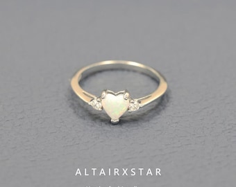 925 Sterling Silver Opal Heart Ring, Adjustable Band