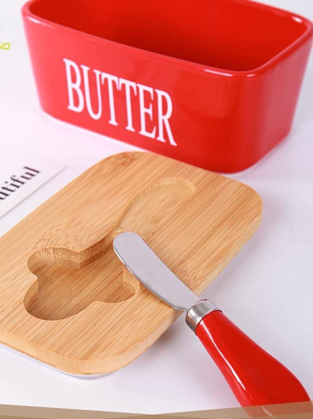 Ceramic Butter Dish With Wooden Lid With Butter Knife, Airtight Butter