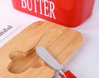 Ceramic Butter Dish with Wooden Lid -  with Butter Knife, Airtight Butter Container with Cover Christmas Present Xmax Gift