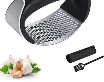 Garlic Press Rocker Set, Stainless Steel Garlic Mincer Crusher - Chopper , Silicone Peeler and Cleaning Brush