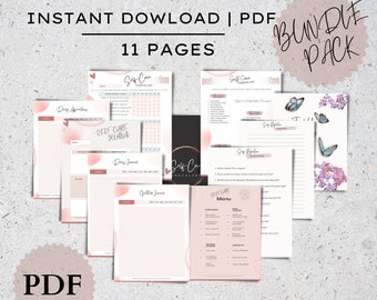 May include: A pink and white printable self-care checklist bundle with 11 pages. The pages include a self-care journal, daily affirmations, gratitude journal, and a self-care menu. The pages are decorated with pink hearts and butterflies.