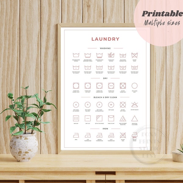 Pink Laundry Room Care Symbols Print, Typographic Wall Art, Modern Typography,  Laundry Room Decor, Digital Print,  Laundry Room Art