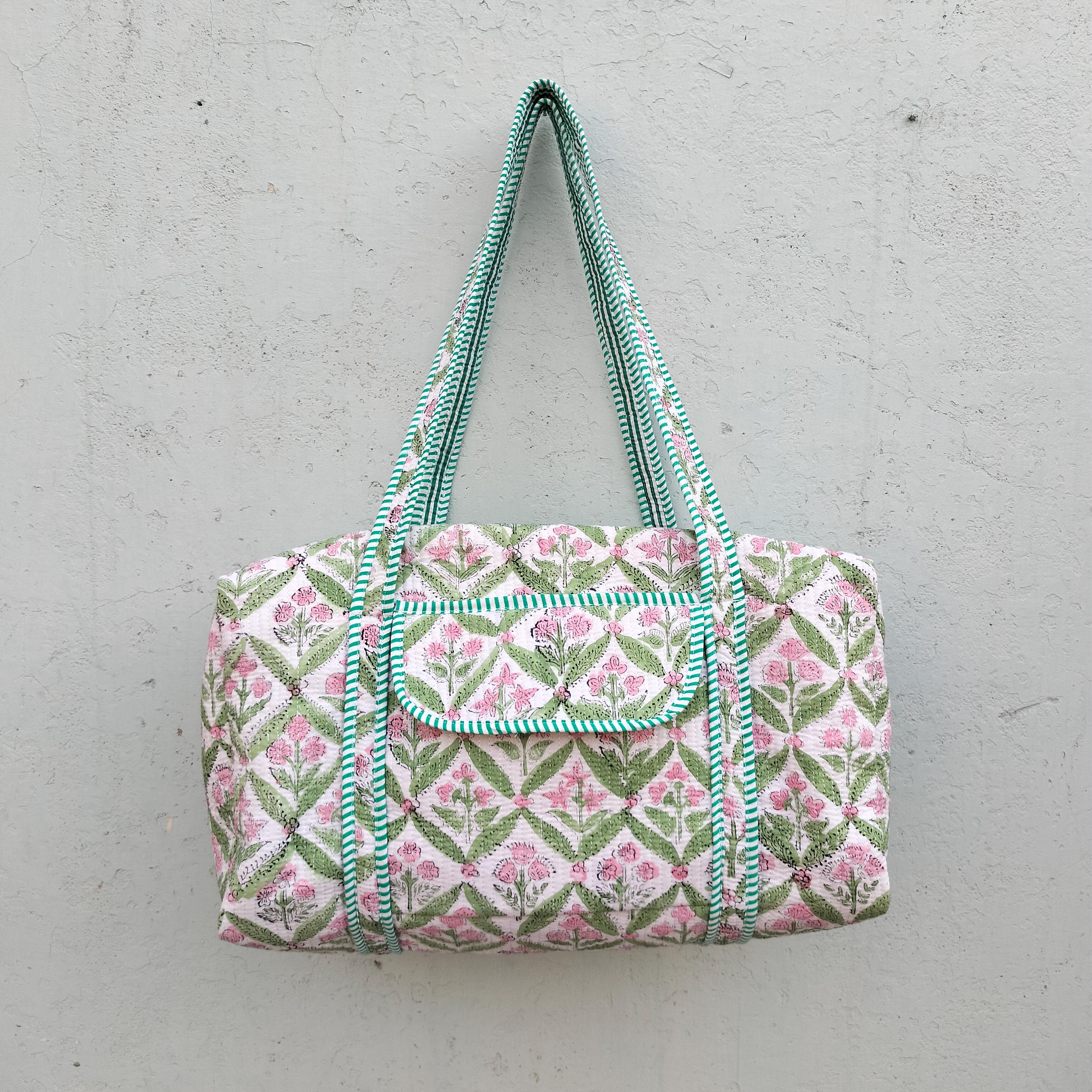 Hand Block Printed Duffle Bag: Cotton Quilted Floral Print Weekender Bags