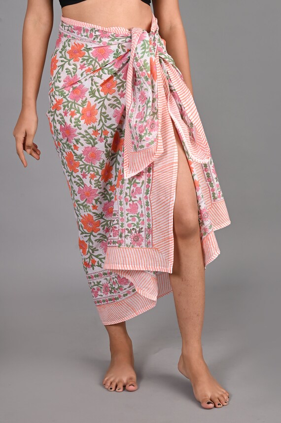 Hand Block Printed Cotton Sarong: Floral Beach Cover-Up