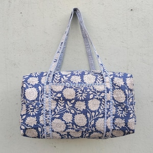 Indian Cotton Floral Printed Quilted Duffle Bag Large Size Beautiful Block Print Weekender Bag Handmade Shoulder Travel Overnight Bags