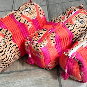 Lot de 3 trousses de toilette en coton indien à imprimé tigre Trousses de maquillage cosmétiques Pochettes matelassées Pochette de voyage Kit de rasage