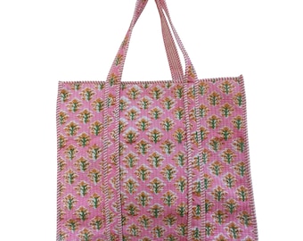 Indian Cotton Quilted Tote Bag Flower Print : Hand Block Printed Shoulder Grocery Travel Bag