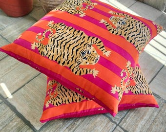 Tiger Printed Cushion Cover: Indian Handmade Cotton Cushion Throw Pillow Case