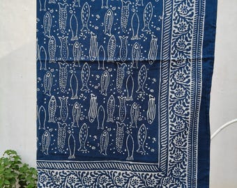 Indigo Fish Print Sarong, Hand Block Printed Cotton Beach Cover Up, Swimwear Summer Scarf