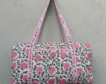 Quilted Duffle Bag, Cotton Floral Block Printed Weekender, Lightweight Travel Overnight Bags