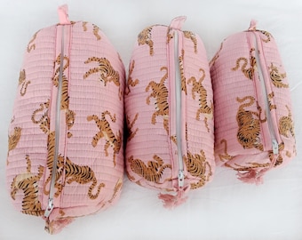 Cotton Tiger Print Toiletry Bag Set: Quilted Makeup Travel Pouches