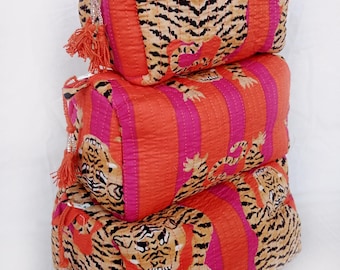 Tiger Print Cotton Quilted Toiletry Bag Set : Cosmetic Makeup Bags Travel Pouches