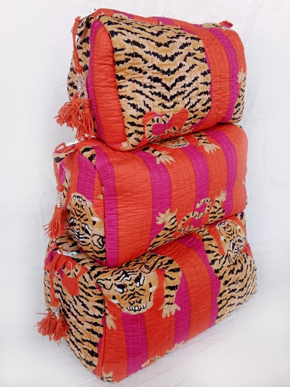Tiger Print Cotton Quilted Toiletry Bag Set : Cosmetic Makeup Bags Travel Pouches