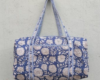 Indian Hand Block Printed Cotton Quilted Duffle Bag, Large Travel Shopping Weekender Bags