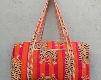 Gewatteerde plunjezak met tijgerprint, katoenen weekendtas, handgemaakte reistassen