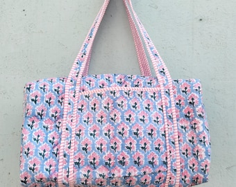 Hand Block Print Cotton Quilted Duffle Bag: Large Floral Weekender