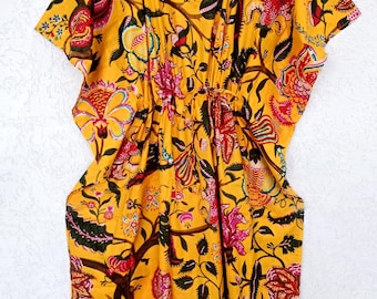 Mustard Yellow Floral Kaftan Dress Hand Block Print Cotton Tunic Summer Beach Cover Up